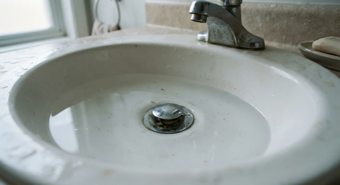 A bathroom sink with slow-draining water pooling around a metal drain cover